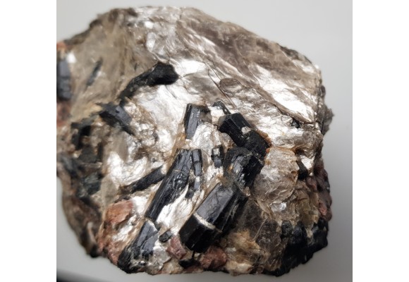 Kryształy szerlu o pięknym połysku w muskowicie z Piławy Górnej